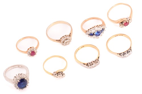 Lot 130 - Eight assorted gem-set ring, including An 18ct...