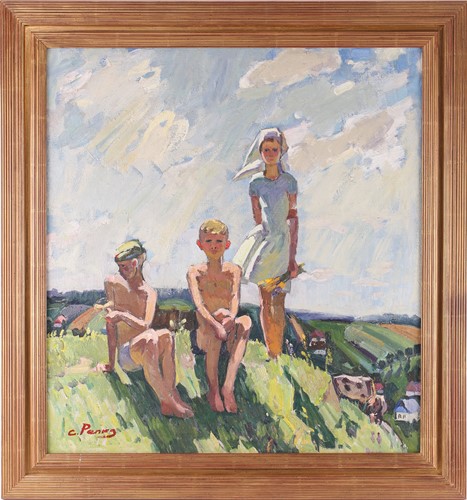 Lot 2 - C Penky (20th century), children on hill, oil...