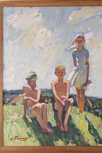 Lot 2 - C Penky (20th century), children on hill, oil...