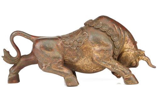 Lot 198 - A Chinese bronze figure of a charging bull,...
