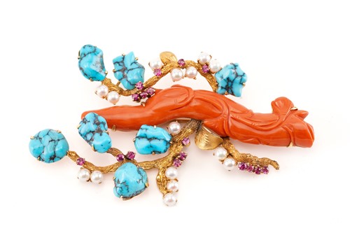 Lot 211 - A coral brooch set with turquoise, pearls and...