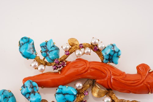 Lot 211 - A coral brooch set with turquoise, pearls and...