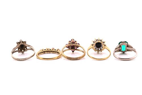 Lot 117 - Five gem-set rings and a brooch; to include a...