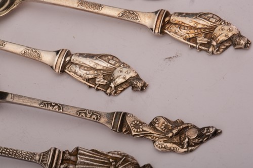 Lot 365 - A set of six Oriental figural teaspoons,...