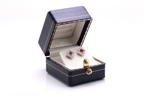 Lot 80 - A pair of pink sapphire and diamond stud...