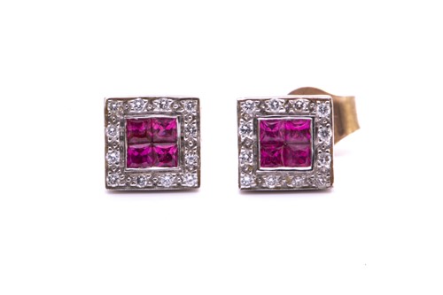 Lot 80 - A pair of pink sapphire and diamond stud...