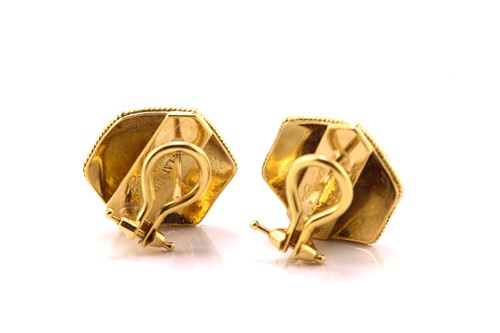 Lot 5 - A pair of sapphire hexagonal earrings, each...