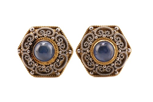 Lot 5 - A pair of sapphire hexagonal earrings, each...