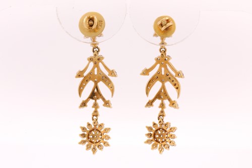 Lot 83 - A pair of diamond pendant earrings, each has...