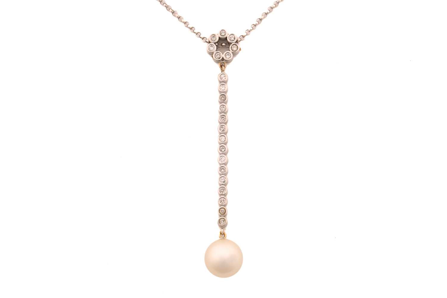 Lot 256 - A pearl and diamond drop pendant on chain, the...