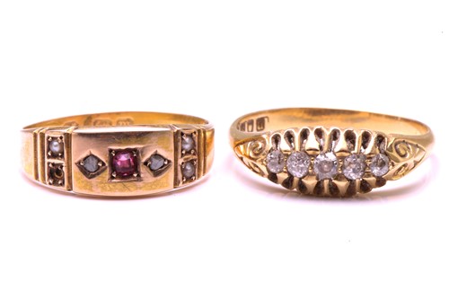 Lot 274 - Two gem-set rings in yellow gold; including an...