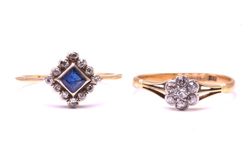Lot 261 - A sapphire and diamond square cluster ring;...