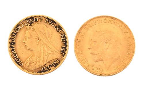Lot 285 - Two half sovereigns, comprising Queen Victoria...