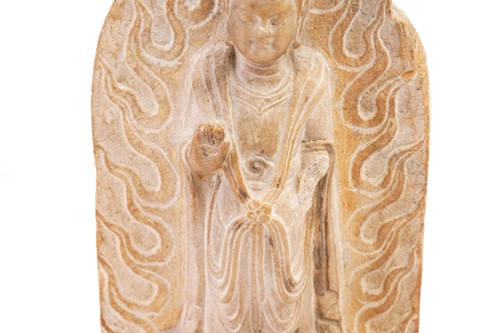 Lot 128 - A Chinese carved marble standing Shakyamuni...