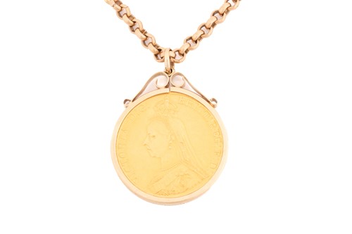 Lot 168 - A Victorian five pound coin in pendant mount...