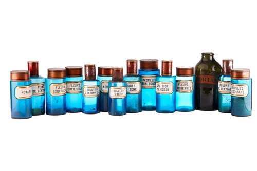 Lot 377 - Thirteen French blue glass apothecary jars,...