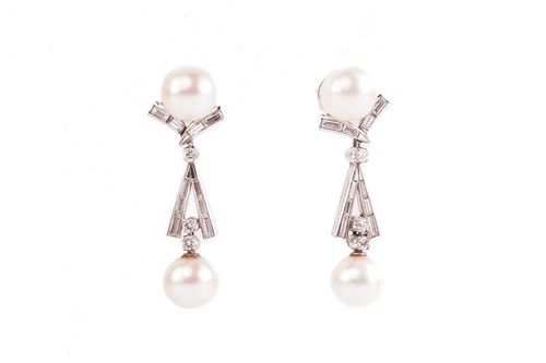 Lot 308 - A pair of pearl and diamond drop earrings,...