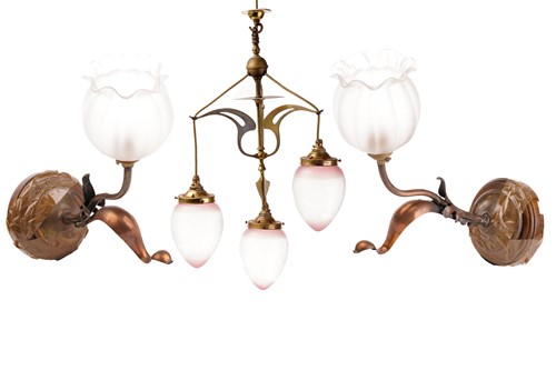 Lot 161 - An Arts & Crafts three light hanging...