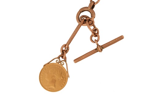 Lot 6 - A 9ct gold Albert chain with coin charm, the...