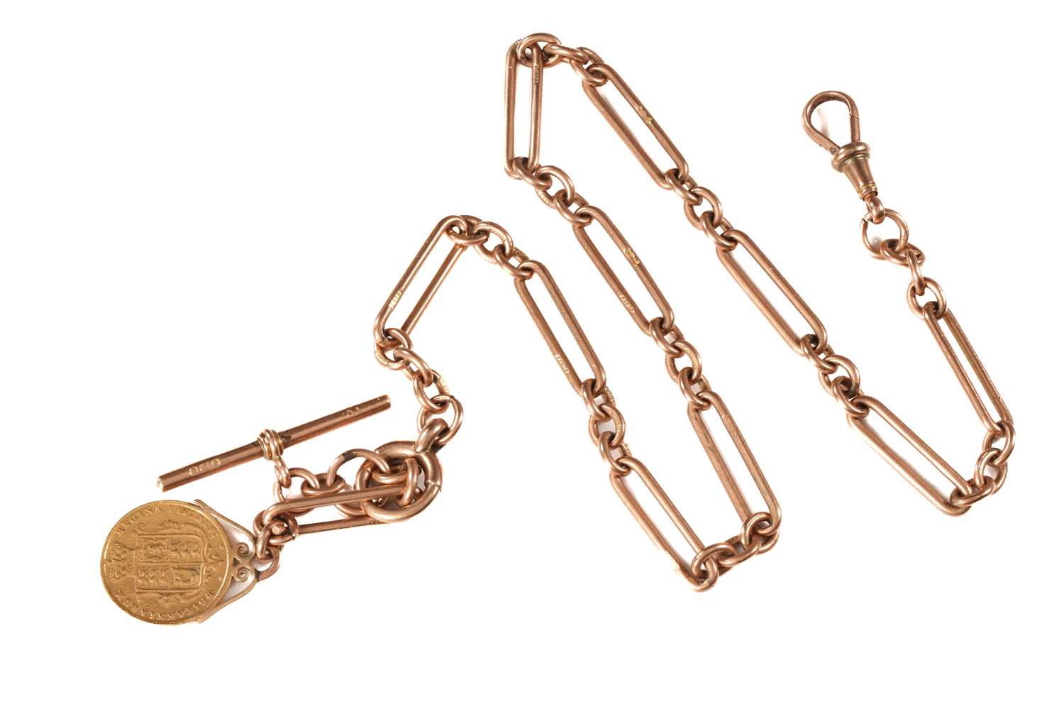 Lot 6 - A 9ct gold Albert chain with coin charm, the...
