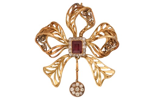 Lot 206 - A ruby and diamond bow pendant brooch,...