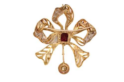Lot 206 - A ruby and diamond bow pendant brooch,...