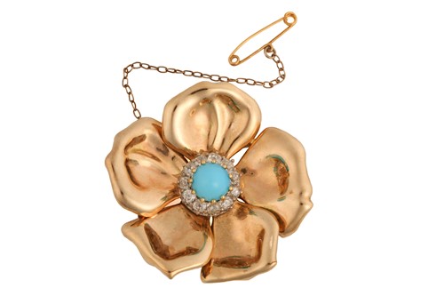 Lot 303 - A turquoise and diamond flower head brooch,...