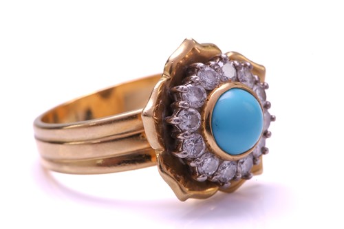 Lot 178 - A turquoise and diamond cluster ring in floral...