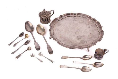 Lot 447 - A silver salver; circular with raised pie...