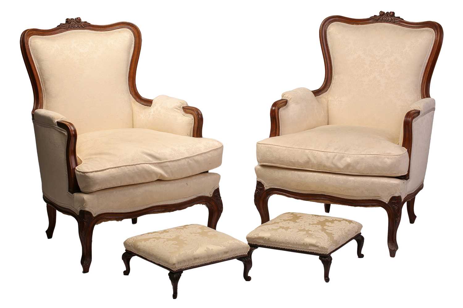 Lot 290 - A pair of Louis XV style walnut Bergere...