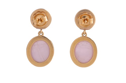 Lot 125 - A pair of rose quartz drop earrings, each...