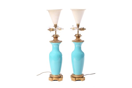 Lot 320 - A pair of turquoise glaze table lamps with...