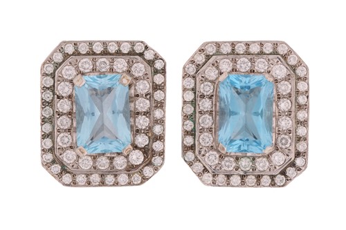 Lot 251 - A pair of topaz and diamond cluster earrings;...