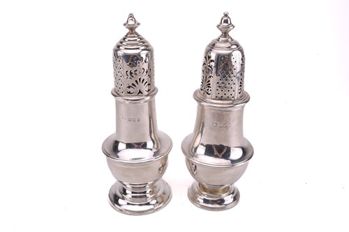 Lot 456 - Two silver sugar casters each with spool knop...