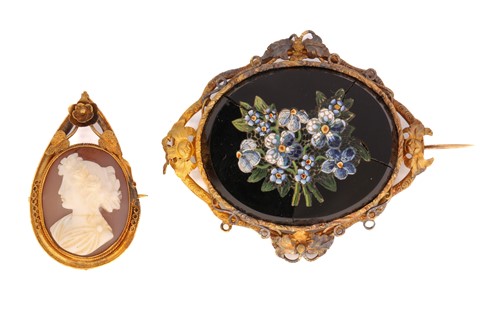 Lot 102 - A Victorian micro mosaic brooch and a shell...