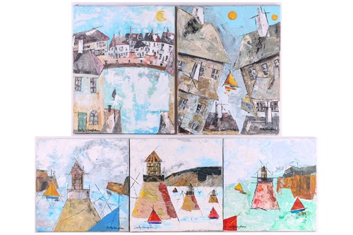 Lot 33 - Sally Vaughan, Houses around a Harbour, signed,...