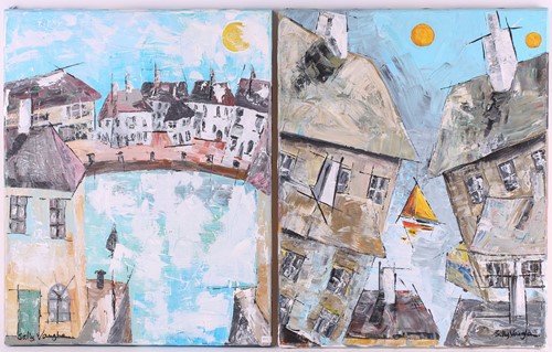Lot 33 - Sally Vaughan, Houses around a Harbour, signed,...