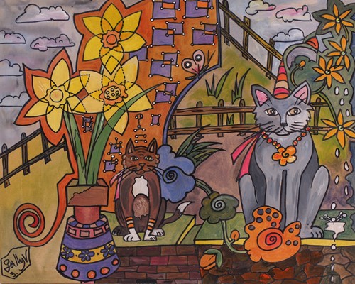 Lot 84 - Sally Vaughan, Cats in a garden with daffodils,...