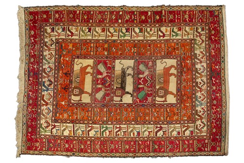 Lot 315 - A large Persian silk soumak, the central field...