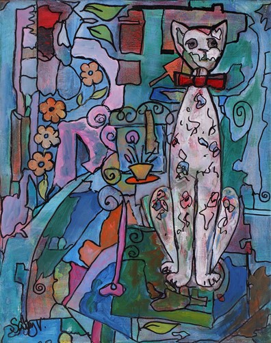 Lot 41 - Sally Vaughan, Cat in an interior, signed...