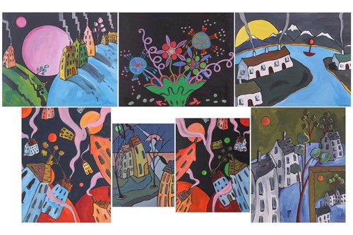 Lot 28 - Sally Vaughan, Sunset with white cottages and...
