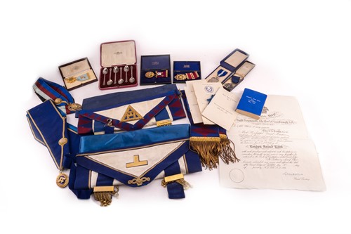 Lot 401 - A case containing Masonic regalia including a...