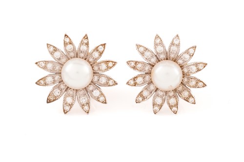 Lot 45 - A pair of pearl and diamond daisy head...