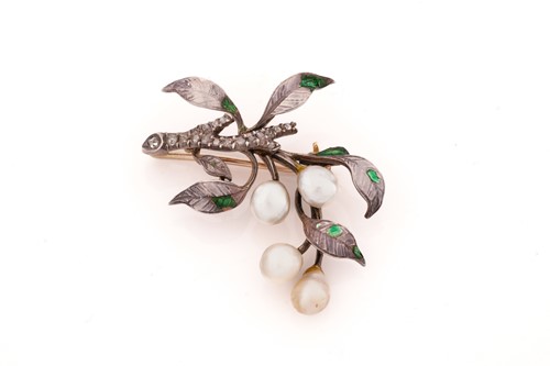 Lot 304 - A cultured pearl and diamond foliate brooch,...