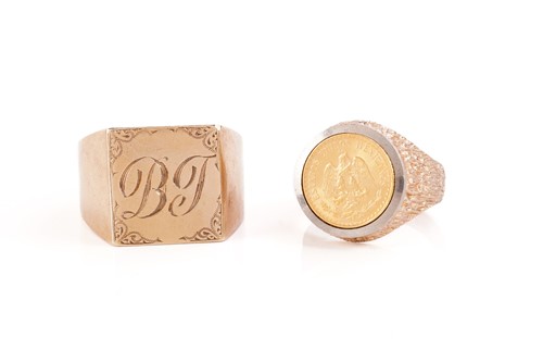Lot 97 - A 9ct gold ring set with a Mexican dos peso,...