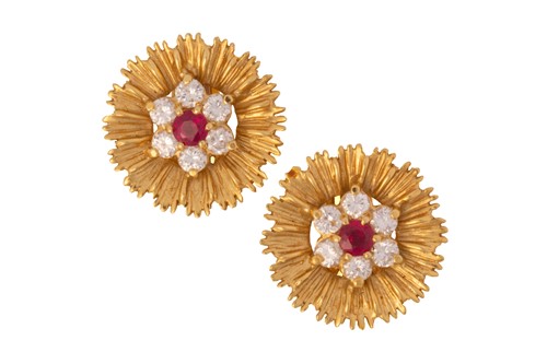 Lot 208 - A pair of 18 carat gold, ruby and diamond...