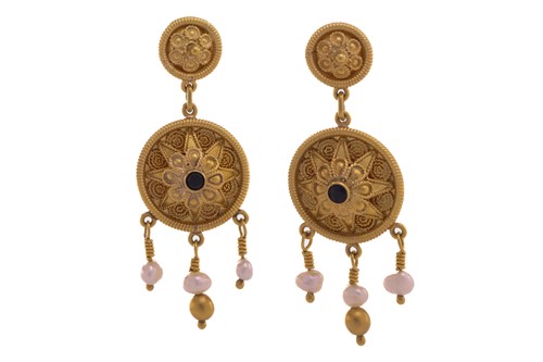 Lot 312 - A pair of Etruscan revival earrings, with...