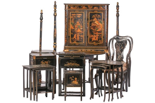 Lot 165 - A composite suite of black lacquered...