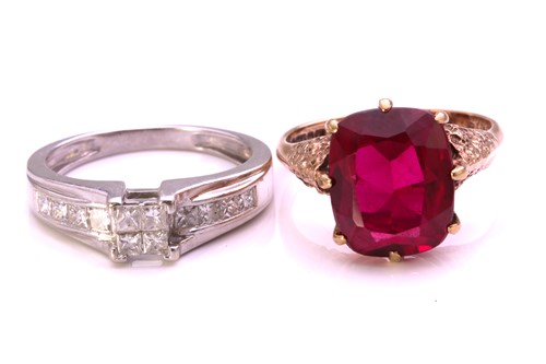 Lot 336 - A diamond dress ring and a synthetic ruby...