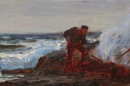 Lot 100 - Colin Hunter (1841-1904), 'Kelp Burning',...